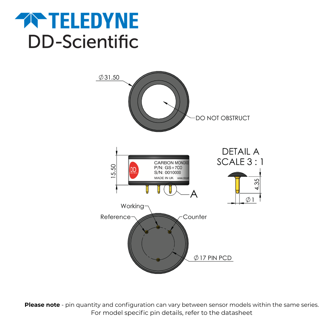Technical diagram of a sensor component with Teledyne DD-Scientific branding on a white background.