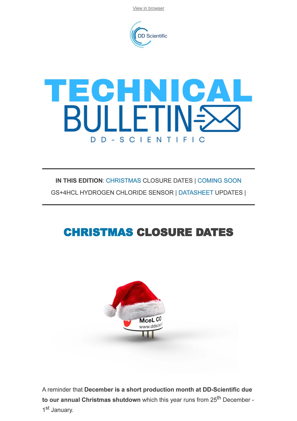 Technical bulletin thumbnail with DD scientific logo and MceL sensor with santa hat 