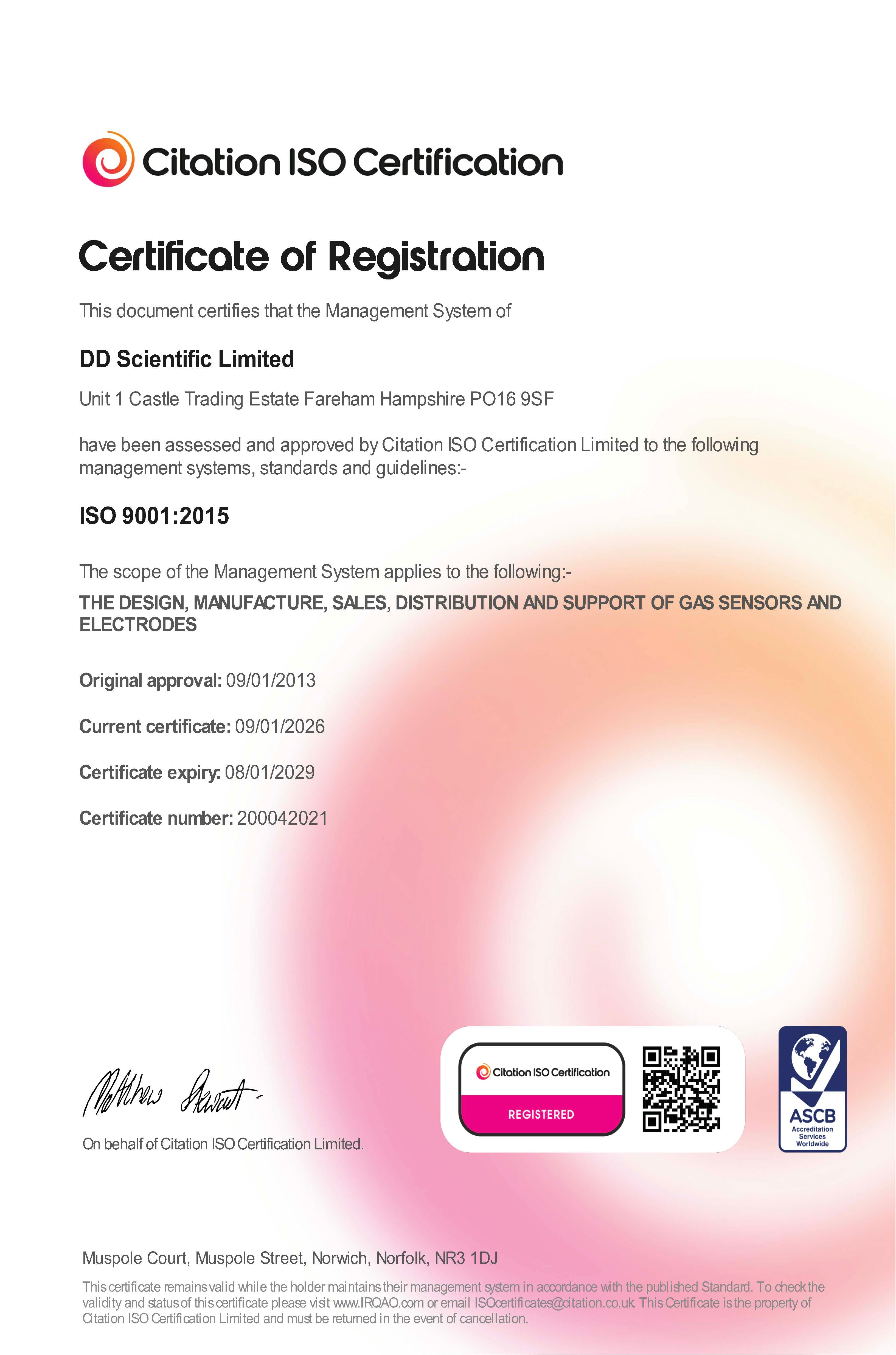 ISO Certification Certificate of Registration for DD Scientific Limited