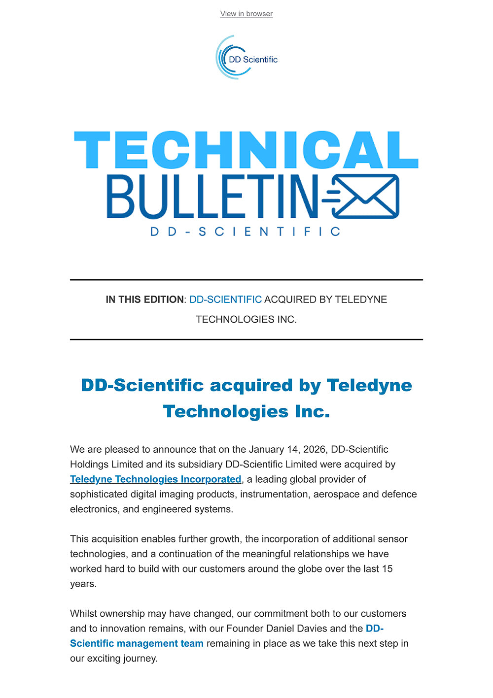 Thumbnail for January bulletin about Teledyne acquisition