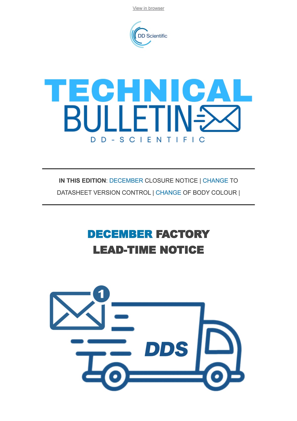 Technical bulletin cover with DDS Scientific logo and truck icon on a white background