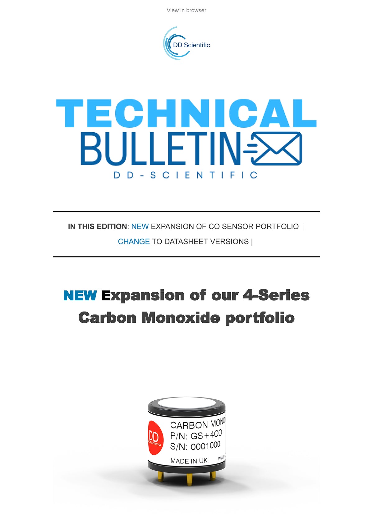 Technical bulletin thumbnail with DD Scientific logo and Carbon monoxide sensor